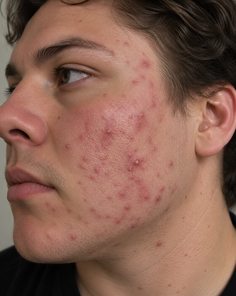 Close-up side profile of a man's face showing severe facial acne and red blemishes on his cheek and jawline.