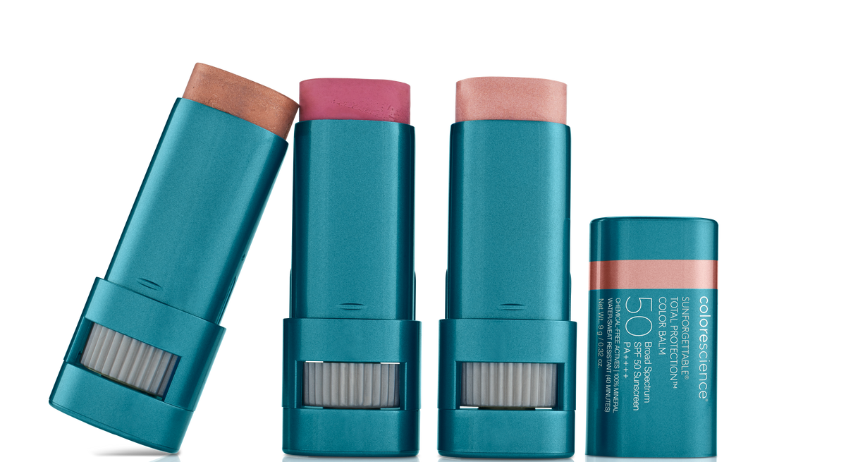 Blush, Bronzer, highlighter sticks by Colorescience with full SPF protection. Broad Spectrum Sunscreen. Sunforgettable total protection color balm 100% mineral