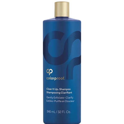 Clarify and Exfoliate minerals and chlorine hair damage with clear it up shampoo by colorproof, sold at Woodland Skin Renewal