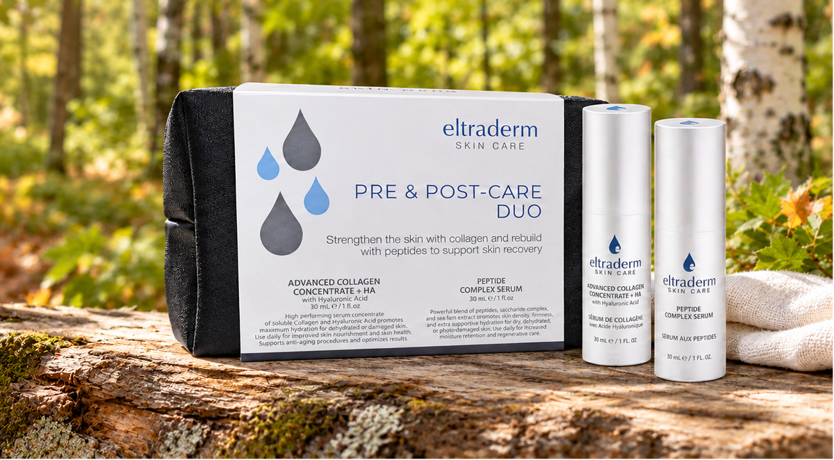 Eltraderm Skin Care Pre & Post-Care Duo set, including a black and white box and two white bottles, displayed on a mossy log in an autumn forest setting.