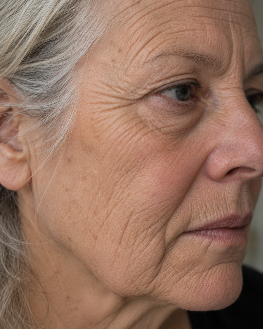 Close-up portrait of an older woman with visible facial wrinkles, gray hair, and a neutral expression, shown in profile against a soft neutral background.