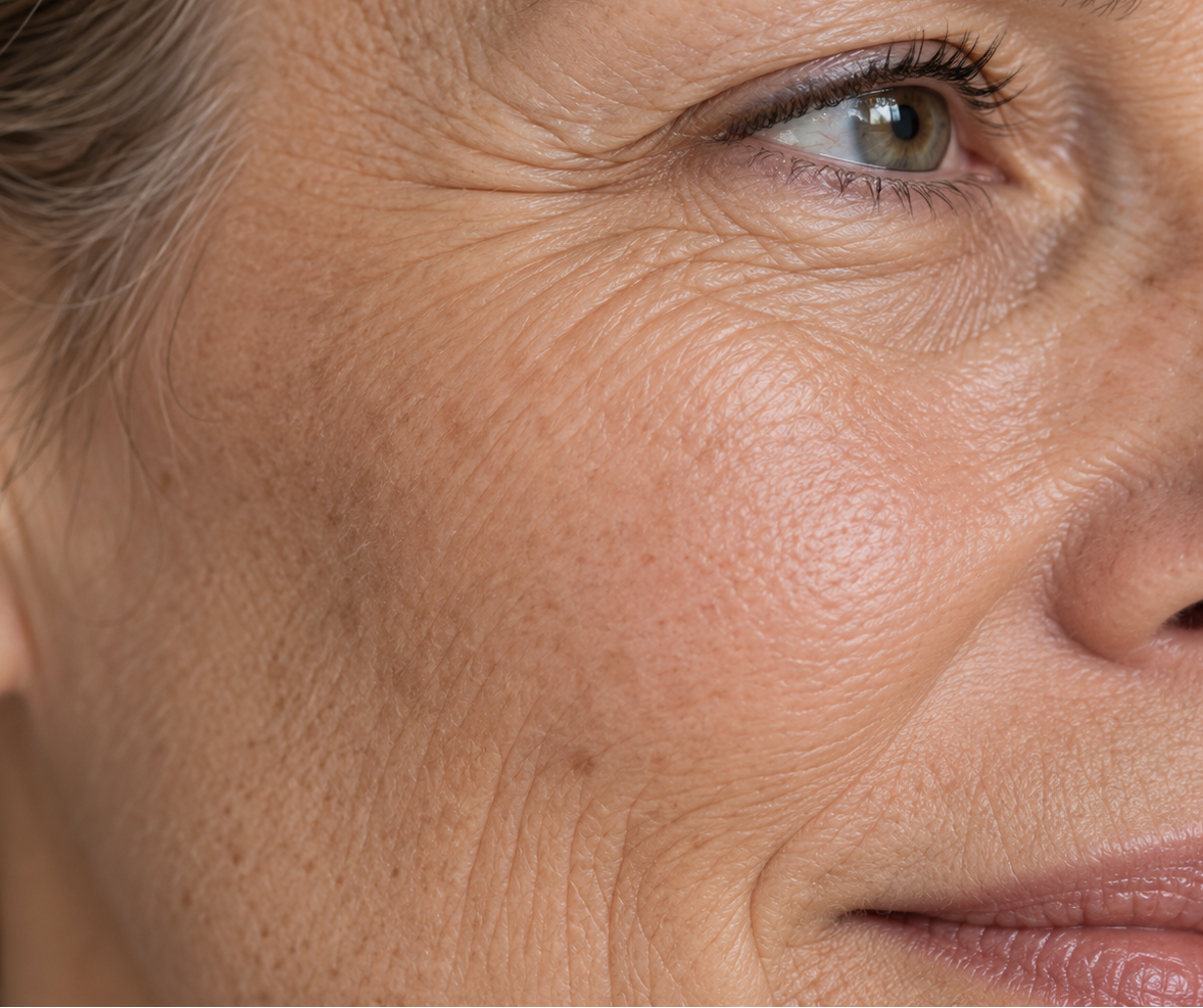 Extreme close-up of a woman's face showing skin texture, wrinkles around the eye and mouth, and natural skin tones.