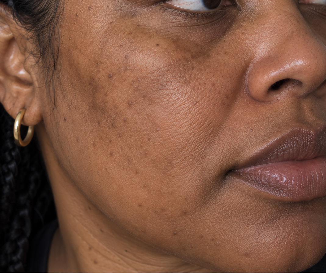 A close-up portrait of a woman with hyperpigmentation and PIH