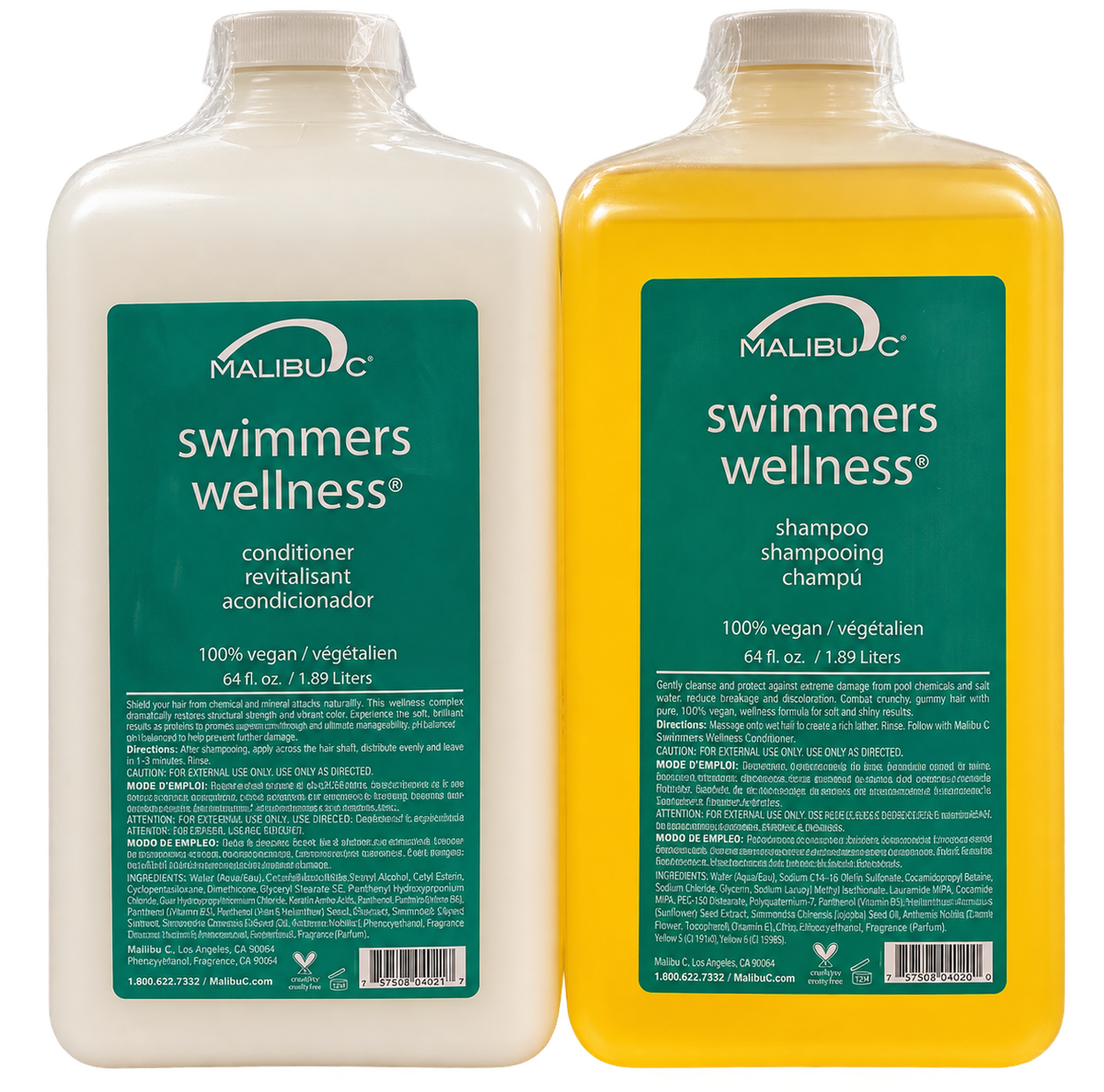 Two large plastic bottles of Malibu C Swimmers Wellness products sold at Woodland Skin Renewal for competitive swimmers in Ontario.