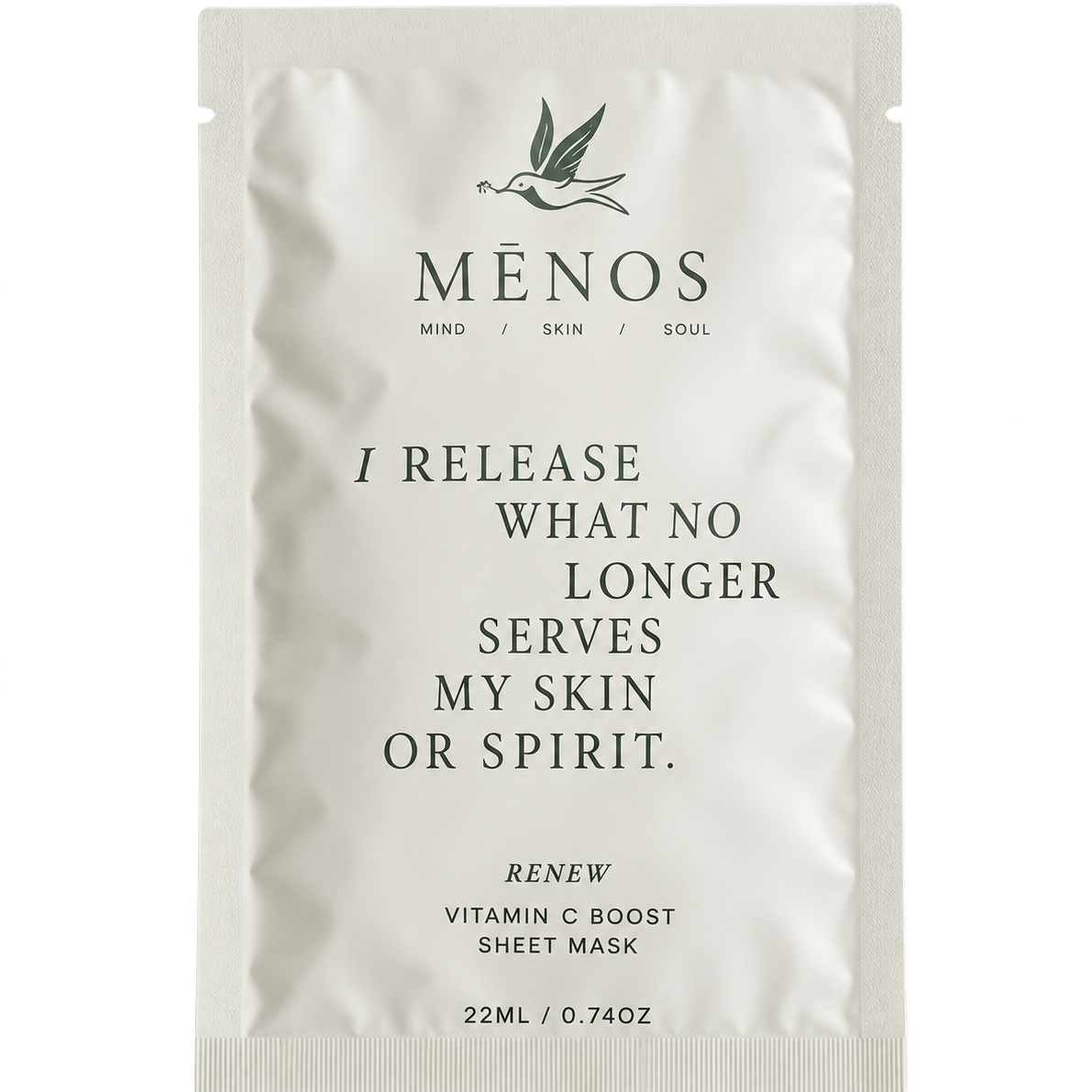 MÉNOS Renew Vitamin C Boost Sheet Mask in a white resealable stand-up pouch with black text and logo, shown on a plain white background.