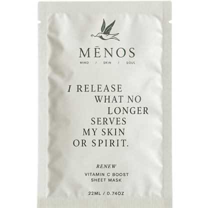 MÉNOS Renew Vitamin C Boost Sheet Mask in a white resealable stand-up pouch with black text and logo, shown on a plain white background.