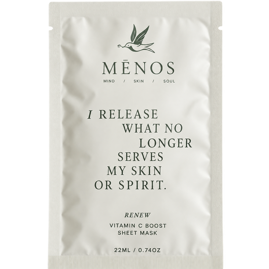 MÉNOS Renew Vitamin C Boost Sheet Mask in a white resealable stand-up pouch with black text and logo, shown on a plain white background.