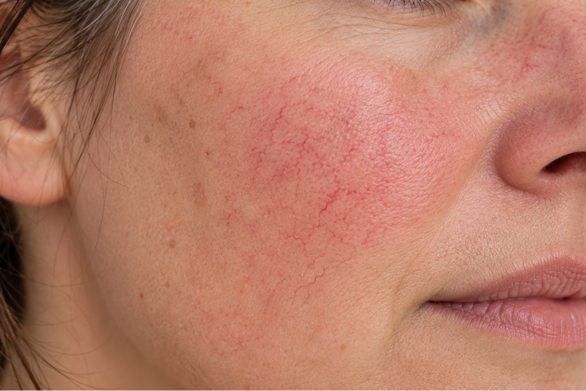 Close-up of a woman's face showing red, vascular marks on her skin on her cheek.