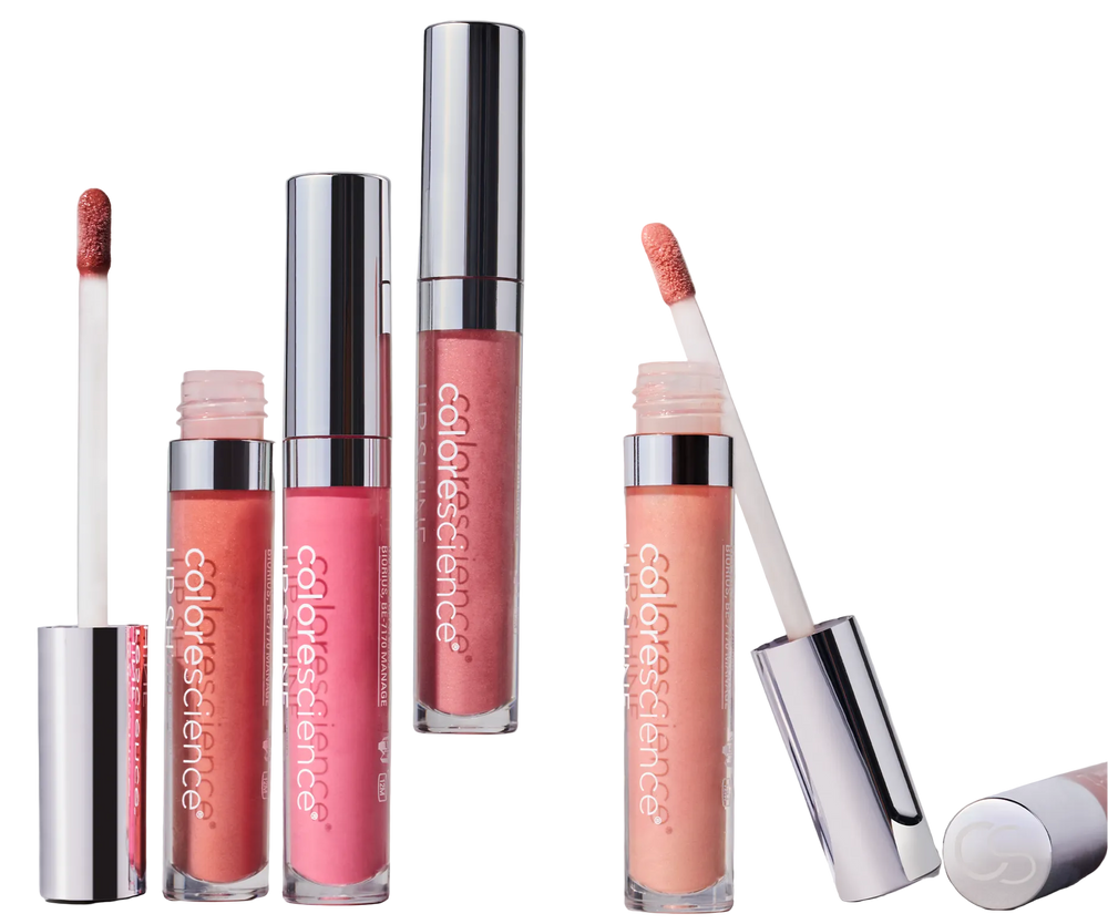 Collection of Colorescience Lipshine Peptide lip glosses on a gray background