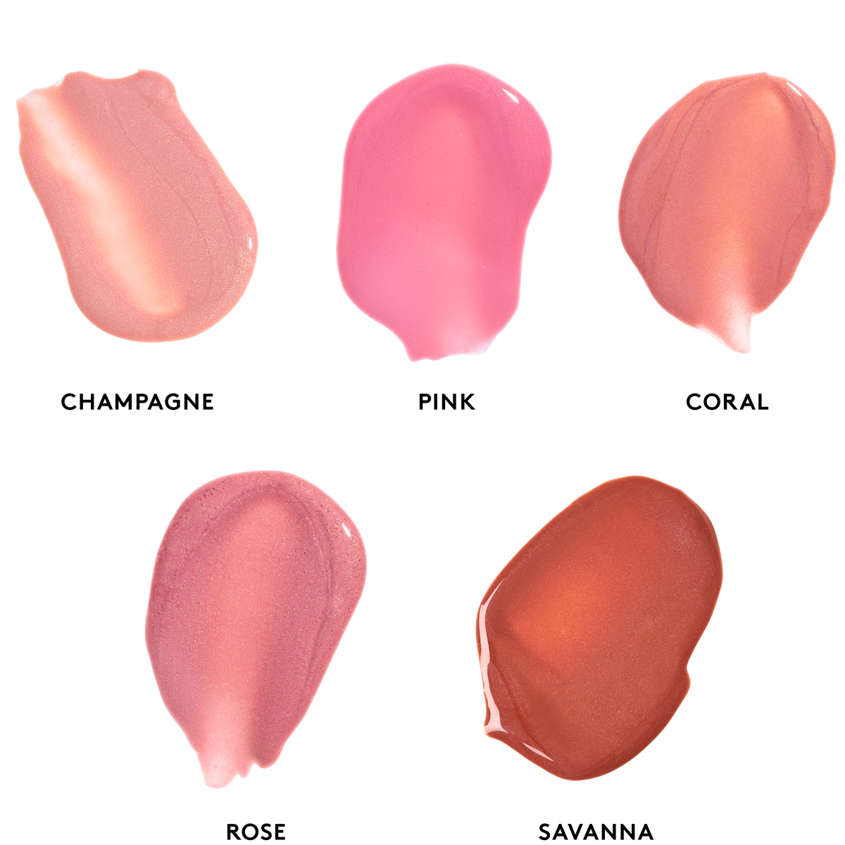 Five swatches of lip gloss with SPF in different colors with labels on a white background by Colorescience 