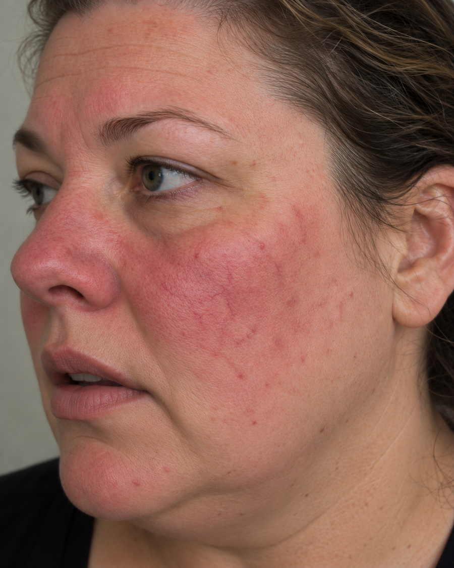 Close-up side profile of a woman's face showing red, irritated skin and rosacea on her cheek and jawline.