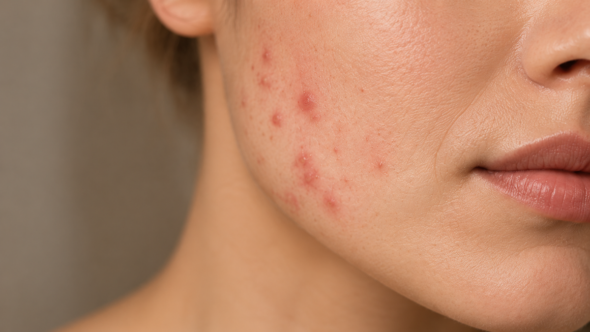 Close-up of a person's cheek and jawline showing red acne blemishes on fair skin, with part of the nose and lips visible against a soft neutral background.