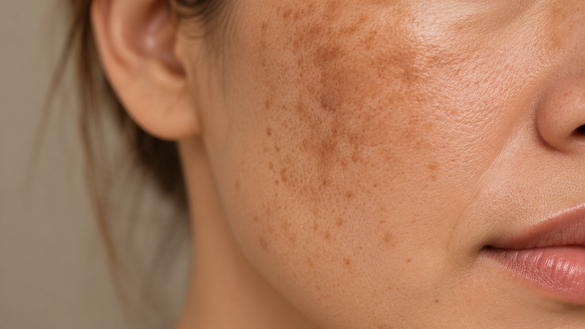 Close-up of a person's cheek and jawline showing freckles and sun damage on fair skin, against a soft beige background.