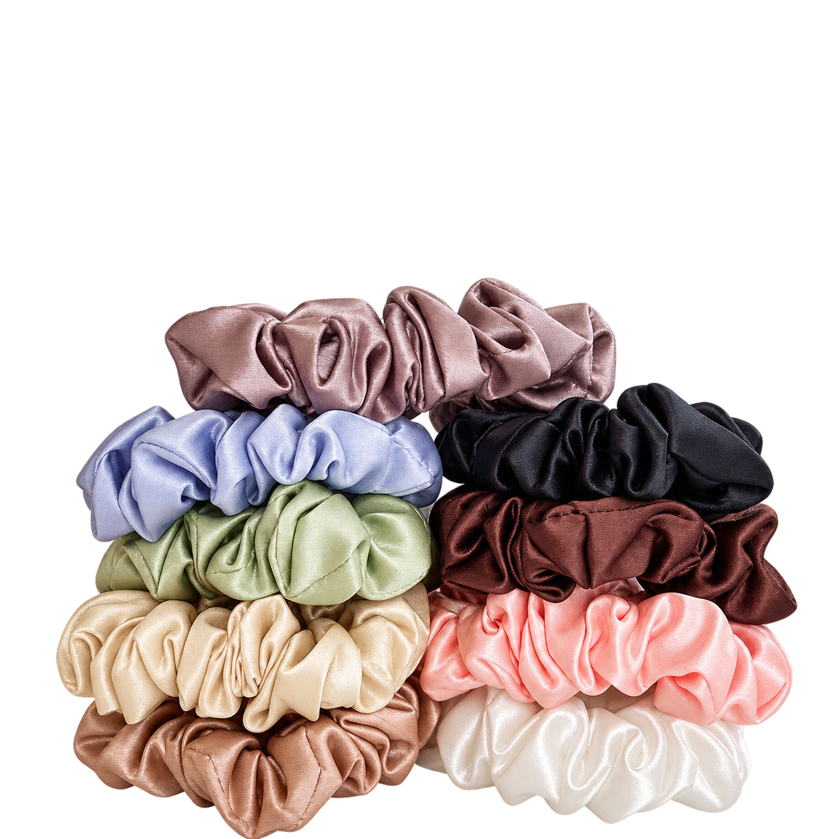 A stack of eight silk hair scrunchies in assorted colours, including mauve, light blue, black, olive green, burgundy, beige, pink, and white, arranged on a plain white background.