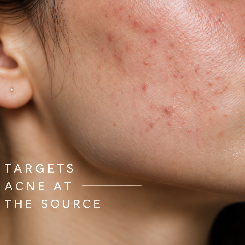 Close-up of a person's cheek with visible acne blemishes, with text reading 'TARGETS ACNE AT THE SOURCE' on the left side.