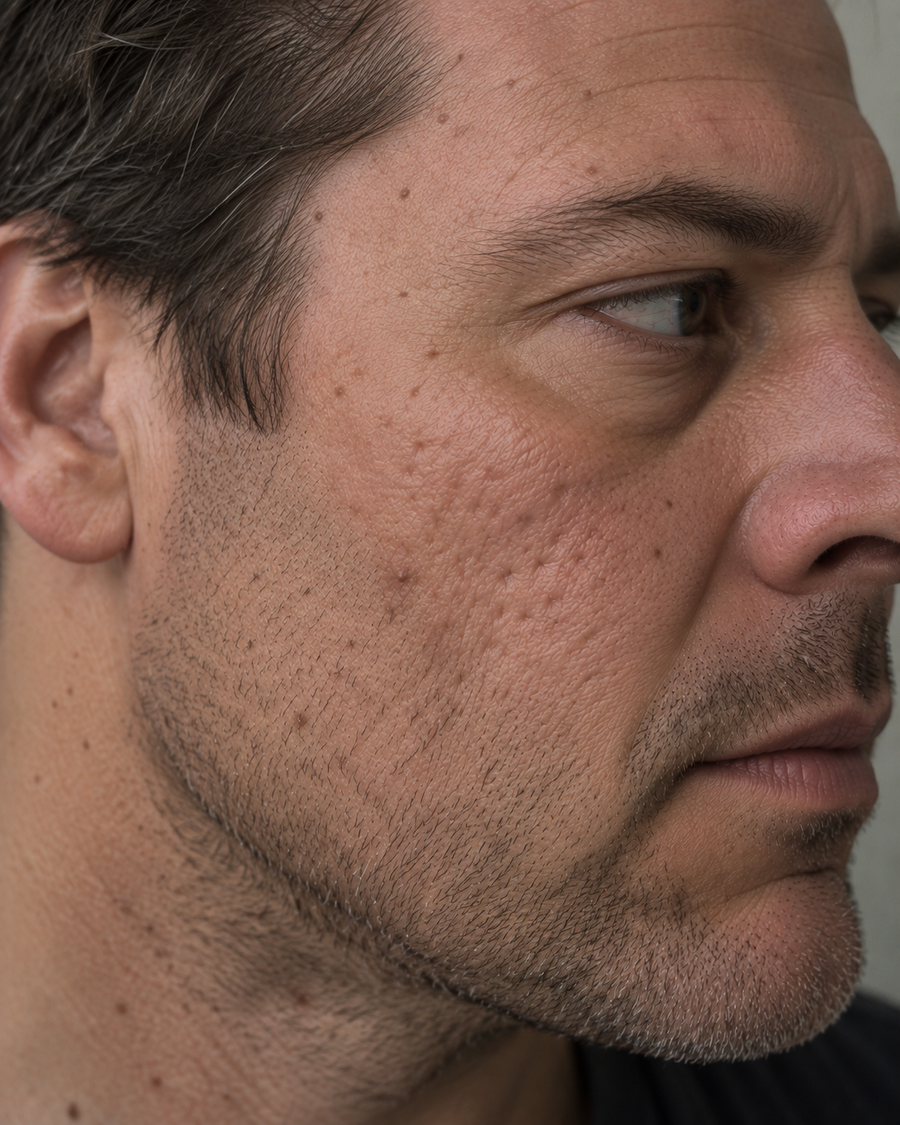 Close-up side profile of a man's face showing skin texture, acne scarring, pores, and fine stubble.