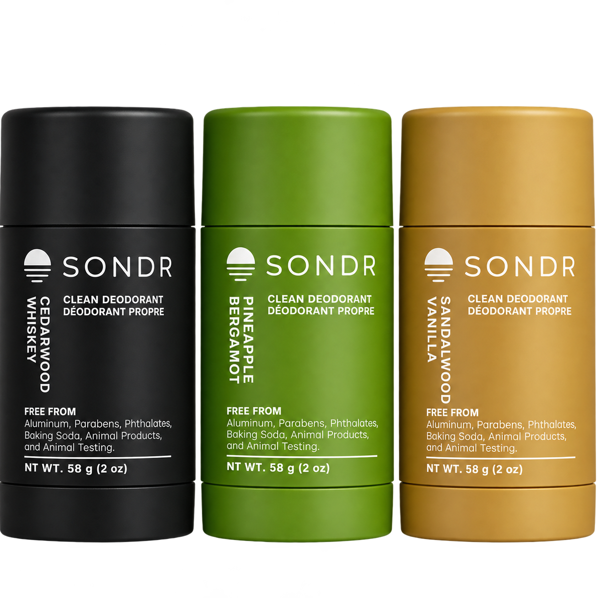 Three SONDR Clean Deodorant Deodorant Propylene sticks in black, green, and tan packaging, labeled Cedarswood Whiskey, Bergamot, and Sandalwood Vanilla.