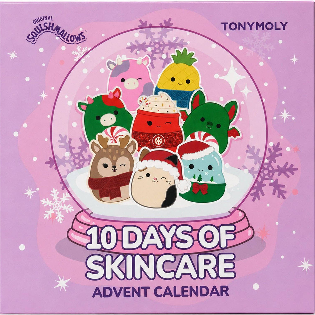 The product packaging for the '10 Days of Skincare Advent Calendar' by TonyMoly and Natural Soulshmallows, featuring a light purple box with a winter-themed illustration of cute, colorful plush characters inside a snow globe.
