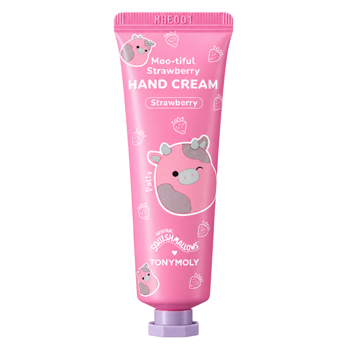 A pink squeeze tube of Tony Moly 'Moo-tiful Strawberry HAND CREAM' featuring a cute cartoon cow illustration and white text, set against a plain white background.