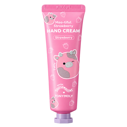 A pink squeeze tube of Tony Moly 'Moo-tiful Strawberry HAND CREAM' featuring a cute cartoon cow illustration and white text, set against a plain white background.