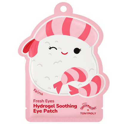 A pink and white cartoon eye patch packet featuring a winking character with striped pink and white accessories. The text reads 'Fresh Eyes Hydrogel Soothing Eye Patch' with 'Keina' and 'TONYMOLY' visible.