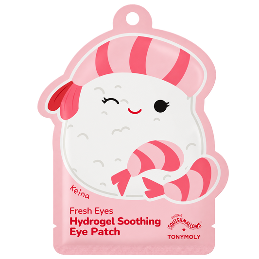 A pink and white cartoon eye patch packet featuring a winking character with striped pink and white accessories. The text reads 'Fresh Eyes Hydrogel Soothing Eye Patch' with 'Keina' and 'TONYMOLY' visible.