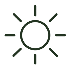 A minimalist dark green sun icon with a circular center and six radiating rectangular rays on a plain white background.
