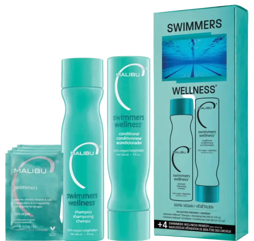 Malibu C Swimmers Wellness hair care products including shampoo, conditioner, and Wellness remedy excellent for chlorine removal from competitive swimmer hair