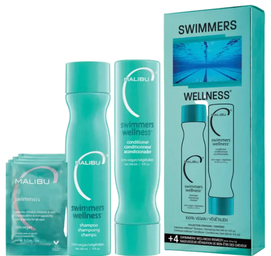 Malibu C Swimmers Wellness hair care products including shampoo, conditioner, and Wellness remedy excellent for chlorine removal from competitive swimmer hair