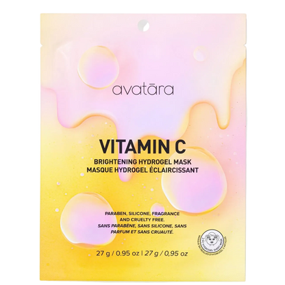 A single packet of avatâra Vitamin C Brightening Hydrogel Mask, featuring a pastel yellow and pink gradient design with liquid droplets and black text.