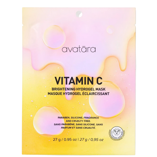 A single packet of avatâra Vitamin C Brightening Hydrogel Mask, featuring a pastel yellow and pink gradient design with liquid droplets and black text.