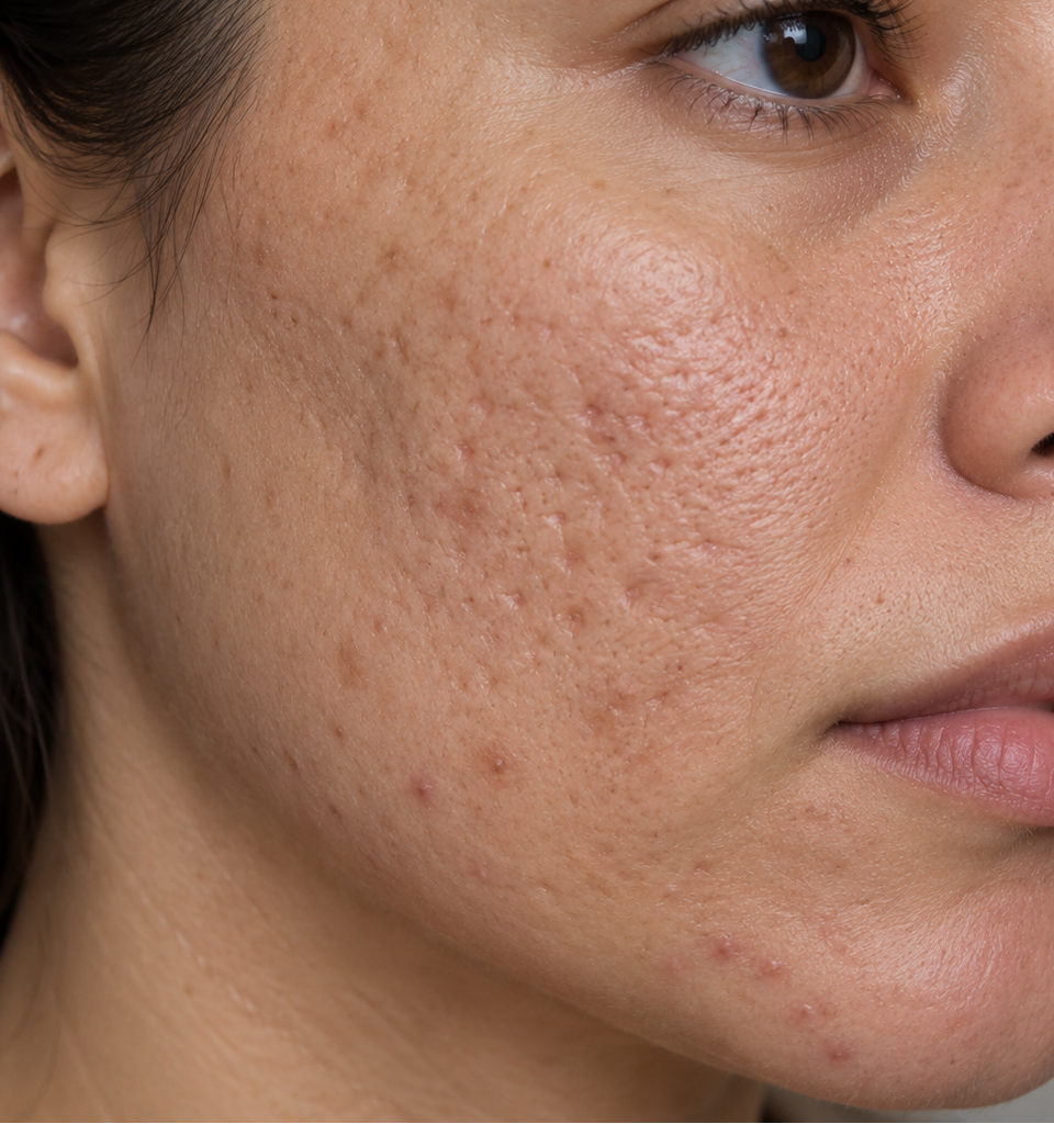 Close-up of a woman's face showing skin texture and enlarged pore, likely used as a before-and-after style skincare comparison.