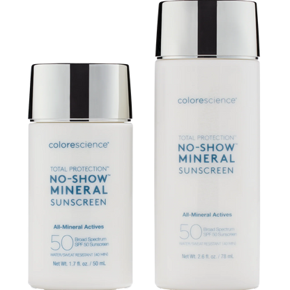 Two bottles of Colorescience No-Show Mineral Sunscreen 50 ml and 78 ml All mineral actives. Broad Spectrum SPF 50 Sunscreen