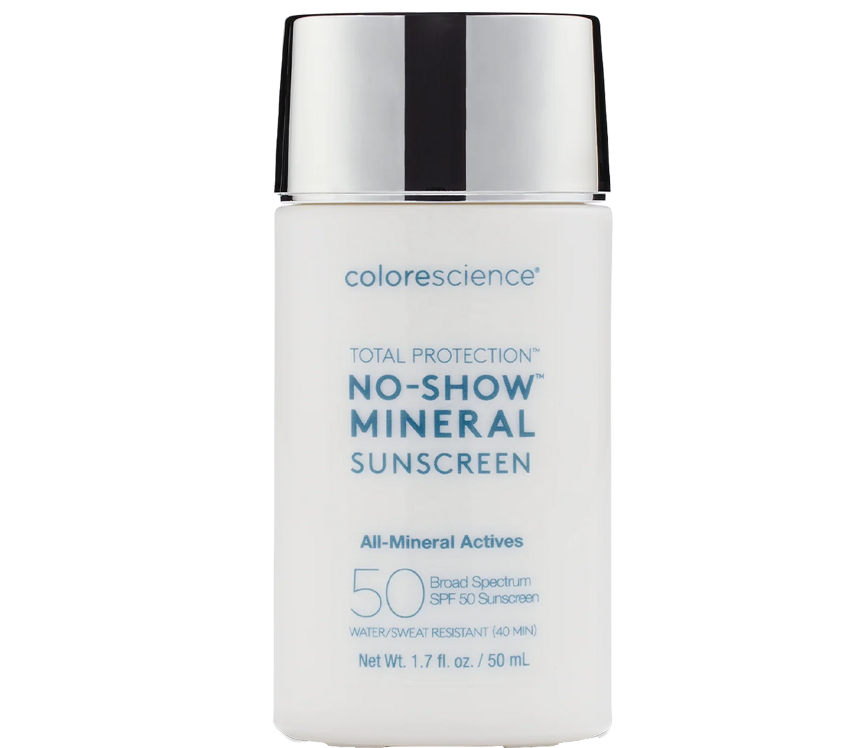 A white bottle of Colorescience No-Show Mineral Sunscreen with a reflective silver cap, centered on a plain white background.