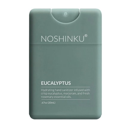 Noshinku Eucalyptus Hydrating Hand Sanitizer in a rectangular, matte sage green dispenser bottle with white text, shown on a clean white background.