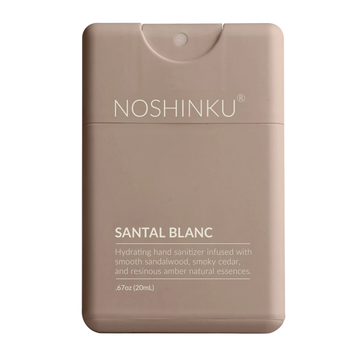 Noshinku Santal Blanc hand sanitizer dispenser in a matte taupe-brown color, featuring white text and a flip-top cap, set against a plain white background.