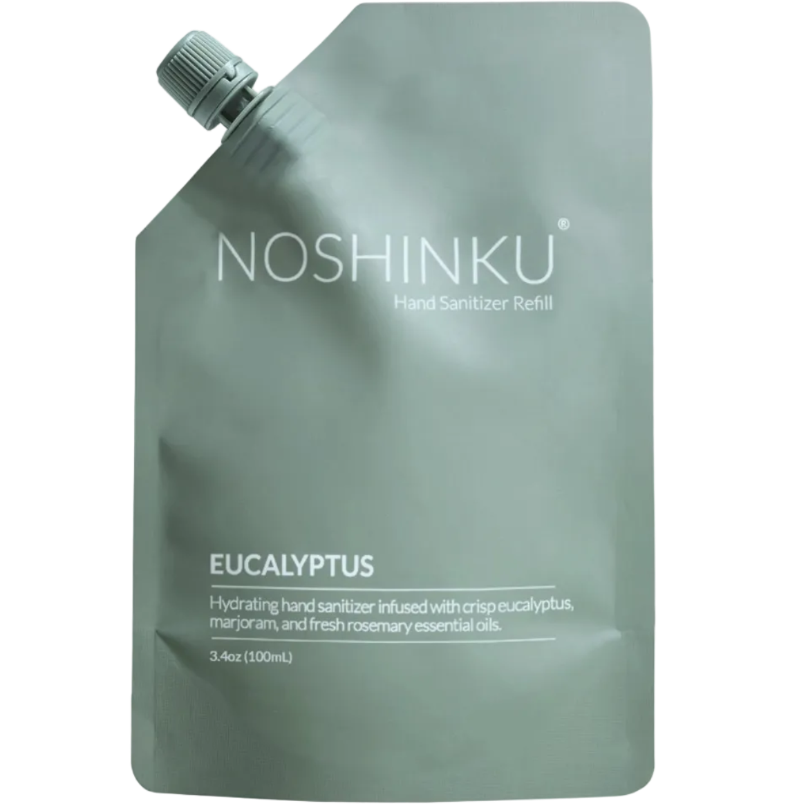 Noshinku hand sanitizer refill pouch with eucalyptus scent on a white background