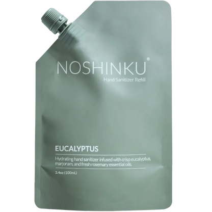 Noshinku hand sanitizer refill pouch with eucalyptus scent on a white background
