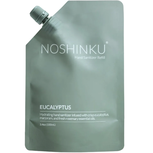 Noshinku hand sanitizer refill pouch with eucalyptus scent on a white background