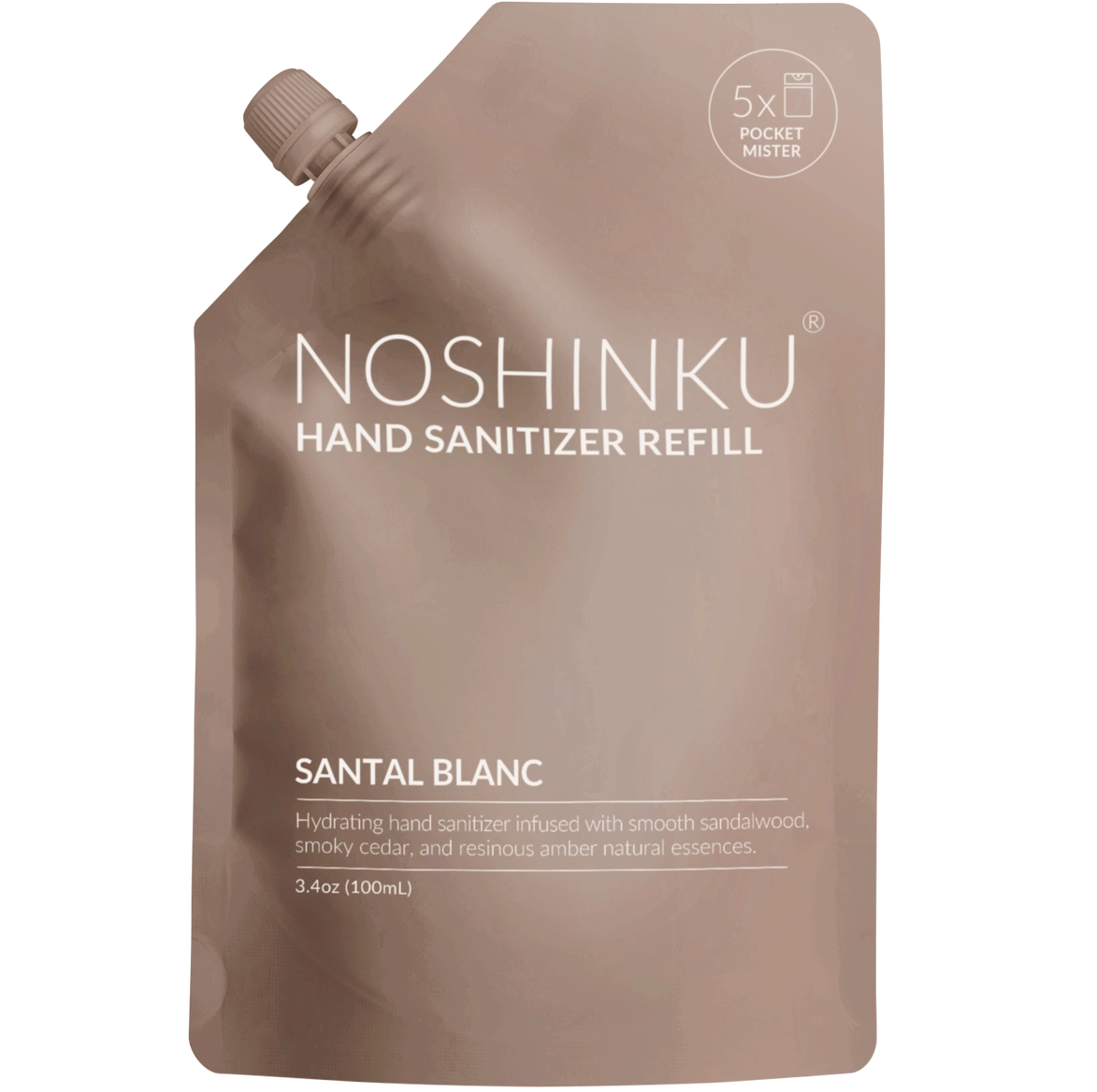 Noshinku Santal Blanc hand sanitizer refill pouch on a solid white background.