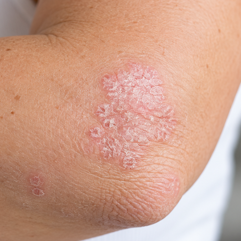 Mild psoriasis showing areas of redness and inflammation on the skin.